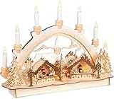 BRUBAKER 3D Lichterbogen - Schwibbogen mit LED Kerzen - Weihnachtsmarkt 2025 - Weihnachtsbeleuchtung aus Holz Natur - 31 x 41 x 11 cm - Handbemalte Figuren - Weihnachtsdeko für Tisch & Fenster