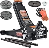 Wagenheber hydraulisch 3T, 75-515mm + 2X Gummi + Montagehandschuhe + mit Schmiernippel Extra Flacher Rangierwagenheber Doppelpumpsystem Doppelkolben Unterstellbock Auto Heber Profi