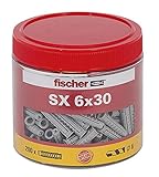 fischer Spreizdübel SX 6 x 30, handliche Runddose mit 200 Nylondübeln, Dübel für optimalen Halt bei Befestigungen in Beton, Hochlochziegel, Porenbeton, Vollziegel uvm.