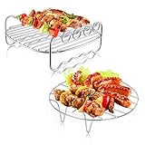 2 Stück Heißluftfritteuse Zubehör, Grillrost und Dämpfen Rack, Air Fryer Double Layer Rack Mehrzweck-Luftfritteuse Zubehör mit 4 Spießen, 17,7cm Edelstahl Airfryer Grillpfanne, Fit 3,5-5,8QT