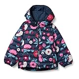 Amazon Essentials Mädchen Leichte, Wasserabweisende, verstaubare Kapuzenjacke, Marineblau Floral, 9 Jahre