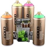 Montna Gold Sprühdosen Set - fluoreszierend - 4x400ml - Neonorange, Neongelb, Neonpink, Neongrün + Ersatzsprühköpfe - schnelltrocknender Lack auf Acrylbasis, hochdeckend