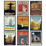 AKBOK Vintage Reiseplakat Attraktionen auf der ganzen Welt Poster Kunstdrucke Weltreise Poster Wandkunst Für Zuhause, Wohnzimmer, Schlafzimmer, Büro, Dekoration, 9 Stück, 20 x 25 cm, ungerahmt