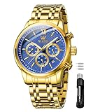 OLEVS Herrenuhren Gold Edelstahl Multifunktionale mit Chronographen Kalender Leuchtende Wasserdicht Luxus Business Quarz Armbanduhr