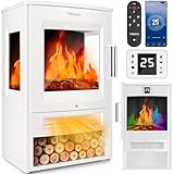 TRESKO® Elektrokamin mit Heizung inkl. Fernbedienung & WiFi App | Kamin elektrisch 1800W LED-Flammeneffekt Farbmodi | Kaminfeuer Thermostat, Timer | Elektro Kaminofen Standkamin 2 Heizstufen (Weiß)