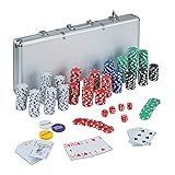 Relaxdays Pokerkoffer, 500 Pokerchips ohne Wert, 2 Kartendecks, 5 Würfel, Button Set, abschließbar, Aluminium, silber