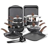 DishDelight Induktions Töpfe Set 17 teiliges Pfannenset Antihaft Topfset und Pfannen Set Granit Beschichtung Schwarz Cookware Kochtopf Bratpfanne mit Glasdeckeln
