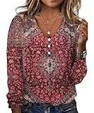 GRMLRPT Langarmshirts Damen Tops Langarm Frühlingblusen V-Ausschnitt T-Shirts Tunika Oberteile Bedruckte Bluse Elegant Lässige Hemd (Rot,XL)