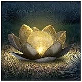 FLOWood Solarlampen für Außen Garten Lotus, Gartendeko für Draußen Lotusblten mit Crack Glas Kugel, Garten Geschenke für Frauen(Silber)