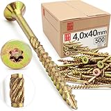 Lun Fix Spanplattenschrauben 4,0x40 mm | 500 Stück | TX20 (I-Stern) - Senkkopf/Fräsrippen | Gelb Verzinkt | Torx Schrauben | Holzschrauben | Universalschrauben | Senkkopfschrauben