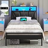 Brinlawb Bett 90x190 mit Lattenrost aus Metall Bettgestell 90x190 cm mit LED Beleuchtung, Jugendbett 90x190 mit Kopfteil und Ladestation(2 AC-Steckdosen,2 USB-Anschlüsse) Metallbett einzelbett Schwarz
