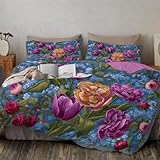 Landhausstil Bettwäsche 135x200 cm Bettwäsche Sets mit 1 Kissenbezüge 80x80cm Wendebettwäsche Bedding Lila Tulpe mit Reißverschluss