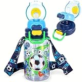PinkSheep Kinder Trinkflasche mit Strohhalm/Lanyard für Kinder, 600ml BPA frei Kind trinken Wasserflasche Ein-Klick-Öffnen auslaufsicher Verriegelung Flip Deckel für Schule Sport Reisen (Fußball)