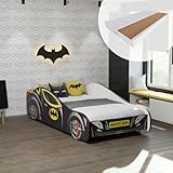 Kids Collective Autobett 70x140 cm Kinderbett Jugendbett mit Rausfallschutz & Matratze | Kinder Spielbett Batman Batmobil Bat Car Auto Bett in schwarz