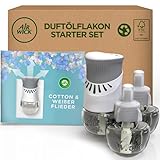 Air Wick Duftölflakon – Duftstecker Starter Set mit 3 Duftflakons – Raumduft & Lufterfrischer – Cotton und Weißer Flieder – Blumiger Duft für die Steckdose – 1x Gerät und 3x Nachfüller