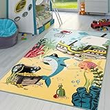 T&T Design Kinderzimmer Teppich Unterwasserwelt Kurzflor in Türkis Grau Grün Pink Blau, Größe:160x220 cm