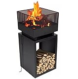 Muntel Feuerkorb mit Funkenschutz, Feuertonne, Holzofen,feuerschalen, Deko Terrasse, Außenofen, Gartenkamin, Aufbewahrung, Firepit, Stahl, 39 x 39 x 85 cm