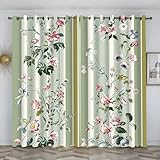 Vorhang Blickdicht Salbeigrün Akustikvorhang Vorhang Verdunkelung mit Ösenvorhang für Wohnzimmer Kinderzimmer Schlafzimmer Thermo Schallschutzvorhang, 2er Set 160x140 cm(HxB) für Dekorative Blumen