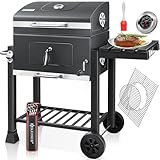 KESSER® Grill Grillwagen BBQ Smoker XL Holzkohlegrill mit Deckel, Rädern, Edelstahl-Griff, Grillrost und Thermometer, 8 Spieße mit Tasche & Silikon-Pinsel, Standgrill, Kohlegrillwagen
