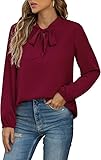 Yommay Damen Bluse Elegant Langarm Tunika T-Shirt Krawatte Hals Flowy Chiffon Oberteile für Frauen Herbst Mode,Weinrot,L
