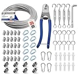 Angooni 74 pcs Stahlseil Kit, 35 m Verdickt 3 mm Edelstahl Drahtseil, Spanndraht Seilspanner Spannschloss 304 Edelstahl Kit, Rankhilfen für Kletterpflanzen, Gardinenseil, Zaun…