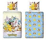 Pokemon Bettwäsche Set 2-teilig · 135x200 cm + Kissen 80x80 cm · Pokémon Pikachu hell-blau · Kinder-Bettwäsche 100% Baumwolle Linon · mit Reißverschluss