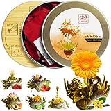 Teeblumen Geschenkset mit 6 Teerosen, aromatisierter Schwarzer Tee mit Blüten, inkl. Untersetzer | Originelles Tee Geschenk für Frauen, Teeset für Muttertag