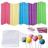 aghoer Cake Pop Stiele Set, 100 Stück Bunt Cake Pop Sticks, 100 Stück Süßigkeiten Tüten mit 100 Twist Ties, für Süßigkeiten, Schokolade