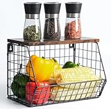 Wawocs Obstkorb Hängend Obstschale Obst Gemüse Aufbewahrung Wand Stapelbar Obstschale Etagere mit Holzdecke Küchenorganizer, Hängekorb Obst Metall Obstregal Fruit Stand mit 2 Haken,Schwarz