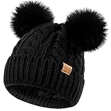 PIOZAED Damen Wintermütze weiche Strickmütze mit Kunstpelz Bommelmütze mit warmem Fleecefutter Schädelmütze für Frauen