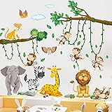 Wandtattoo Dschungel Tiere Baum Reben Wandsticker Kinderzimmer Tierische Party Wandaufkleber Elefant Giraffe Löwe Affe Zebra Eule für Jungen Mädchen Babyzimmer Schlafzimmer Wanddeko