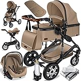 KESSER® Loops 3 in 1 Kinderwagen Kombikinderwagen Komplett-Set inkl. Babywanne & Buggy Sportsitz & Auto-Babyschale Voll-Gummireifen Wickeltasche Regenschutz Kindertisch ECE R129, Beige/Schwarz