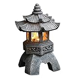 Uziqueif Japanische Gartenlaterne Ornamente, Japanische Solar Zen Garten Pagode Laterne Ornamente Statue - Innen/Außen Solarleuchten Lampe Ornamente für Garten, Patio, H 26cm,Grau