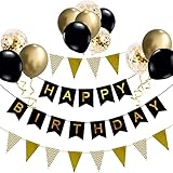 Luftballons Geburtstag Dekoration Set, Schwarz Gold Geburtstagsdeko Happy Birthday deko Banner Party Deko Geburtstag Set mit Gold Luftballons Konfetti Ballons Dreiecksflaggen Girlanden