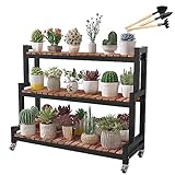 Blumentopfhalter aus Metall mit 2 Ebenen und 3 Ebenen, für drinnen und draußen, Pflanzenregal mit Rädern, platzsparendes Blumenregal für Haus und Garten