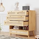 AUJDKDH Komplettschlafzimmer Set, 4-TLG. modernes Rattanbett+Nachttisch+Kommode+Kleiderschrank, 160x200cm Doppelbett, Kiefer+Spanplatten+PE-Rattan, Natur (2)