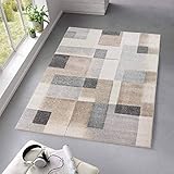 Taracarpet Kurzflor Teppich fürs Wohnzimmer Schlafzimmer und das Kinderzimmer Moderner Designerteppich TC-Fashion 6114 Karos in grau-beige 120x160 cm