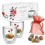 HerzensWahl Teeblumen Geschenkset | 6x Teeblumen, 2x Teetassen & Geschenkbox | Erblühtee | Teerosen Probierset | grüner Tee – Teeblumen & (Teegläser Set) für Teeliebhaber