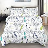 Pamnest Bettdecken-Set in voller Größe, Palmblatt-Gitarre, weiche Bettwäsche für Kinder und Erwachsene, Surfbrett, Surf, Hai, Bettdecken-Set mit 2 Kissenbezügen für Schlafzimmer, Bett-Dekor