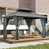 GarveeLife 3 x 3,6 m Doppeldach, Hardtop-Pavillon, robuster verzinkter Stahl, Hardtop-Pavillon mit Netzen und Vorhängen, Aluminium-Pavillon für Terrasse, Rasen und Deck, Grau
