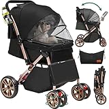 YITAHOME Hundewagen Hundebuggy Bis 20kg, mit Aufbewahrungskorb, 4 Rädern, Faltbarer Katzenwagen, Tragbarer Haustier Kinderwagen, Leicht, Praktisch, Abnehmbar (Schwarz)