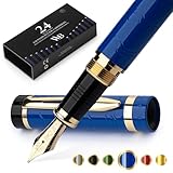 Wordsworth & Black Primori Füllfederhalter-Set [Blau-Gold]; Mittlere Feder, Geschenketui, 24 Tintenpatronen, Nachfüll-Konverter, Tagebucheintrag, Kalligrafie; Links- und Rechtshänder