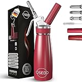 OSEDO® Sahnespender 500ml - inkl. 3 Edelstahl Tüllen + 2 Kapselhalter + Reinigungsbürste + Rezepte Ebook - Hochwertiger Aluminium Sahnesyphon für Sahne, Espumas, kalte und warme Saucen (Rot)