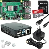Raspberry Pi 4 4GB Starter-Set | Ultra 64GB Micro SD Karte | USB-C Netzteil | Gehäuse schwarz | 4K Micro HDMI Kabel | 4 Kühlkörper | Raspberry Pi 4 Model B 4GB RAM