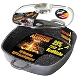 STONELINE Servierpfanne Eckig 28 cm, Eckige Pfanne Induktion mit Deckel, Aroma Funktion, Aluguss, Antihaft Pfanne Beschichtet mit echten Steinpartikeln, Für alle Herdarten, Backofen, Grau