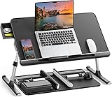 Laptoptisch Betttisch, SAIJI 100% E0 Eco Holzplatte Verstellbarer Betttisch, mit Schublade, klappbare Beine, 40kg Belastung, Tischplatte aus PVC-Leder Lesen,Essen für Bett und Sofa