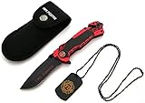 KOSxBO® Firefighter Rescue Knife EMS Rettungsmesser mit Glasbrecher, Gurtschneider, Messertasche und Dog Tag, Feuerwehr Messer schwarz rot