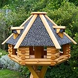 Deko-Shop-Hannusch XXL Luxus Vogelhaus wahlweise mit Solarbeleuchtung und Ständer, absoluter Blickfang, Vogelfutterhaus aus Holz, V13 XXL mit Futtersilo (XXL mit Solar, anthrazit Steindach)