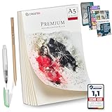 CreaTek Aquarellpapier A5 300g mit 40 Blatt [ Premium Qualität für brillante Aquarelle ] Naturweiß & Kaltgepresst Aquarellblock inkl. Gratis Zubehör & Videokurs - Aquarelle Papier A5