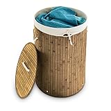 Relaxdays Wäschekorb Bambus, faltbare Wäschetonne mit Deckel, Volumen 70 l, Wäschesack Baumwolle, rund Ø 41 cm, natur